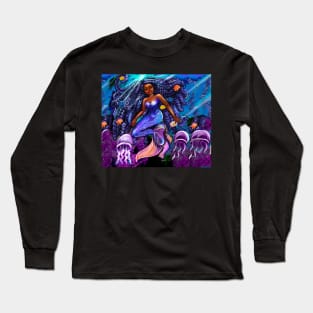 mermaid underwater with flowing shimmering blue black braids 2 fish and jelly fish  , brown eyes curly Afro hair and caramel brown skin Long Sleeve T-Shirt